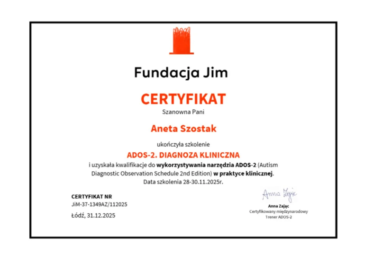 ADOS-2 Clinical Diagnosis certificate, Aneta Szostak, JiM Foundation