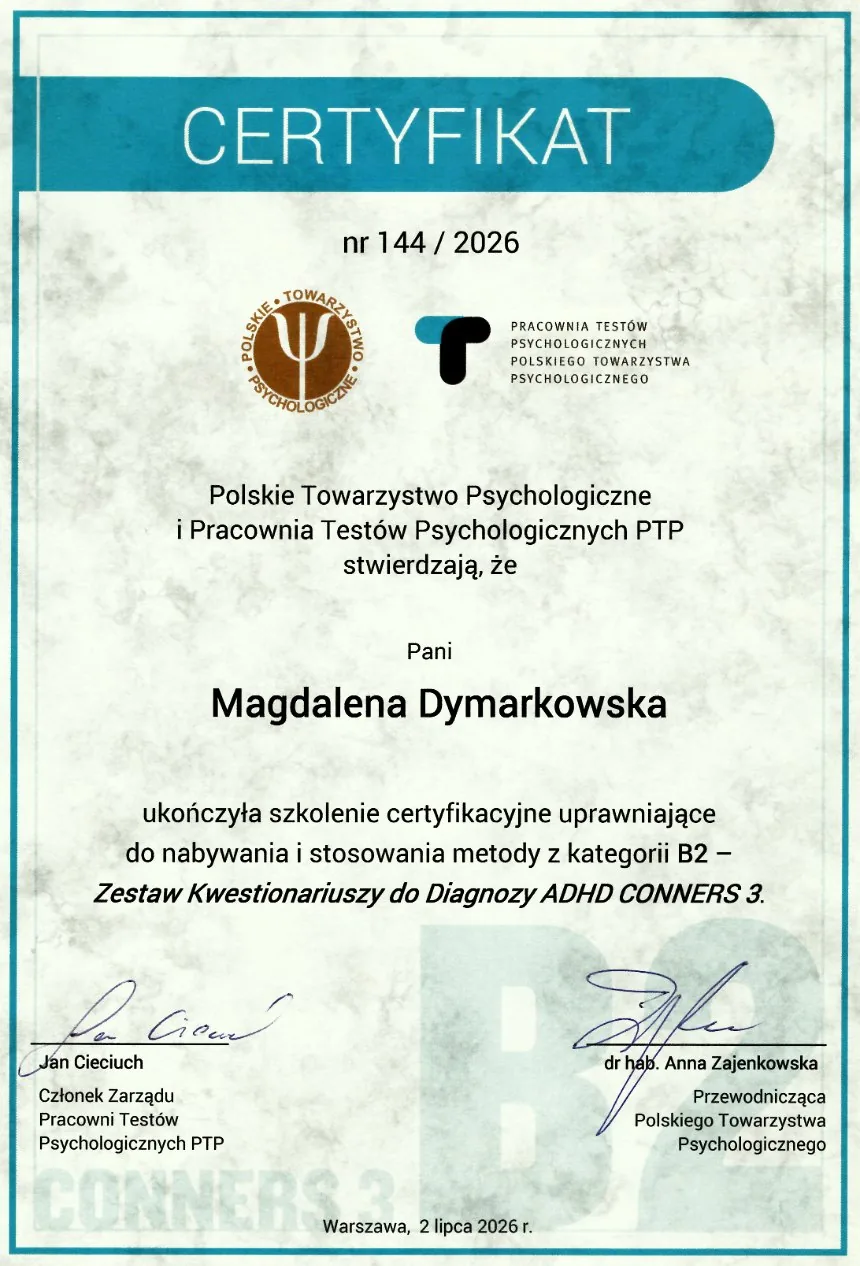 Certyfikat Conners 3, kategoria B2, Magdalena Dymarkowska, Pracownia Testów Psychologicznych PTP