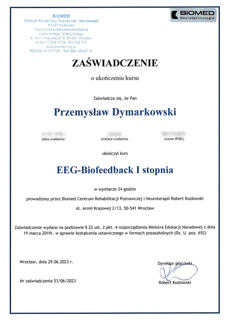 Zaświadczenie EEG Biofeedback I stopnia, Przemysław Dymarkowski, Biomed