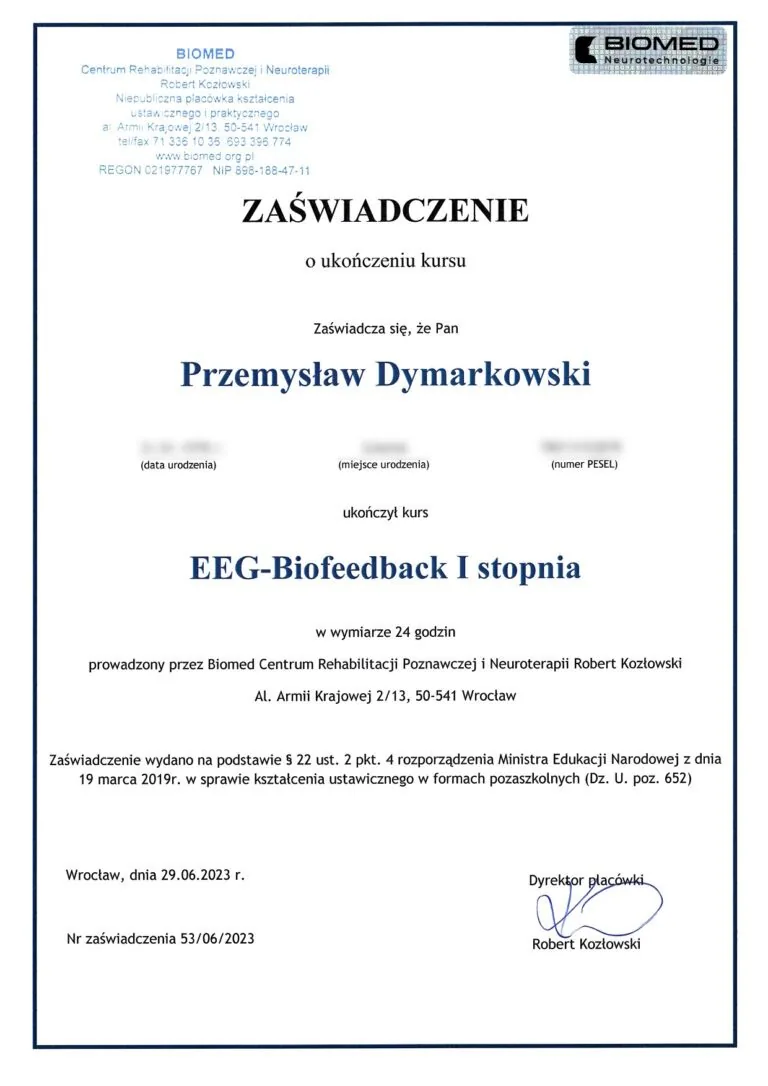Zaświadczenie EEG Biofeedback I stopnia, Przemysław Dymarkowski, Biomed