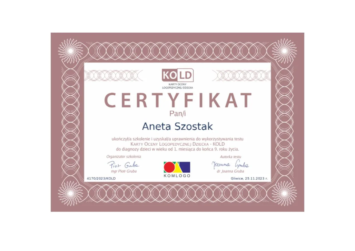 KOLD. Child Language Assessment certificate, Aneta Szostak