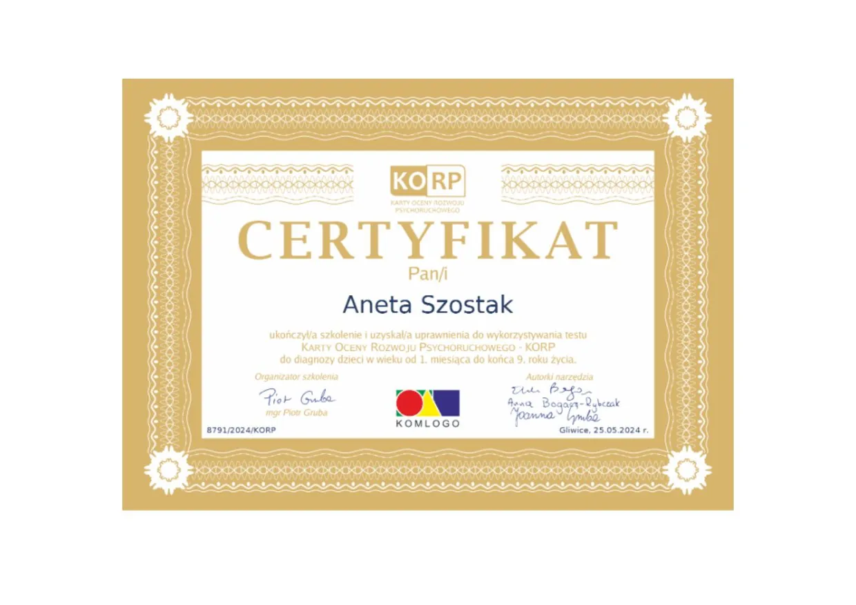 KORP. Psychomotor Development Scale certificate, Aneta Szostak