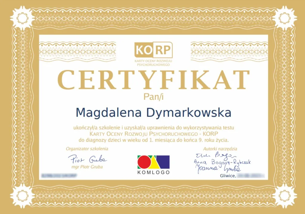 Сертыфікат KORP, Карты ацэнкі псіхаматорнага развіцця, Магдалена Дымаркоўская, KomLogo
