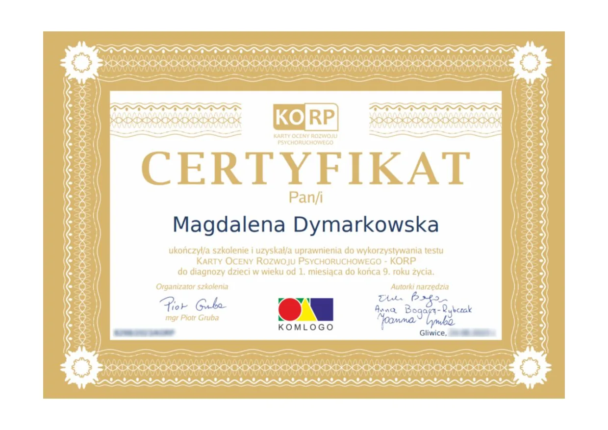 KORP. Psychomotor Development Scale certificate, Magdalena Dymarkowska