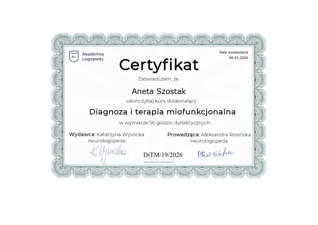 Myofunctional assessment & therapy certificate, Aneta Szostak