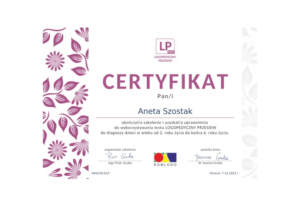 Speech screening certificate, Aneta Szostak