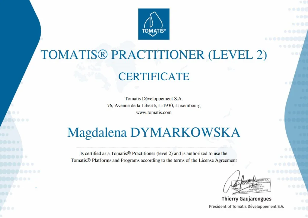 Сертифікат Tomatis® Practitioner (рівень 2), Магдалена Димарковська
