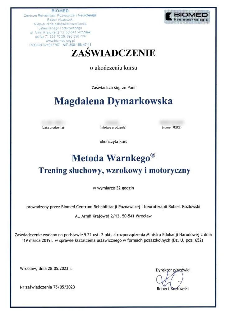 Warnke Method® certificate, auditory, visual and motor training, Magdalena Dymarkowska, Biomed