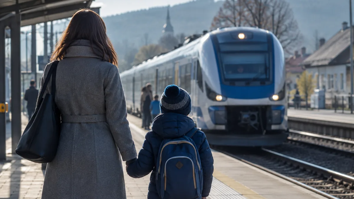 Rodzic z dzieckiem na peronie czeka na pociąg do Tczewa
